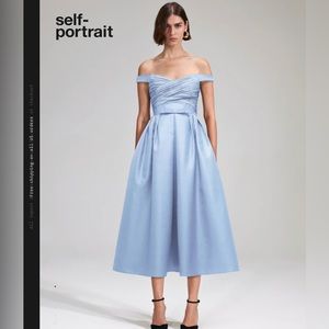 NWT Self-Portrait Blue Textured Off Shoulder Midi Dress